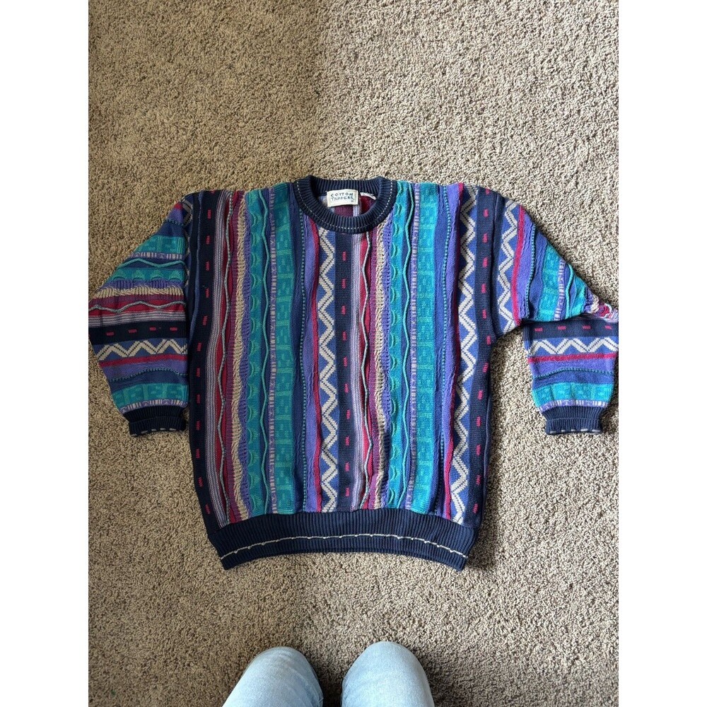 VTG Cotton Traders Coogi 3D knit Sweater Men’s large Multi Color Teal Pink Retro